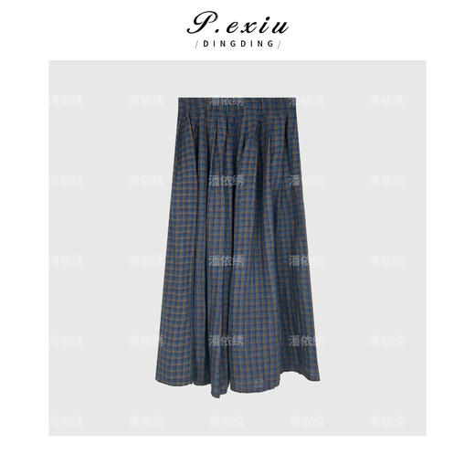 04-3潘依绣丁丁宠粉亚麻韩系撞色格子松紧腰半身裙 Q10921 商品图1