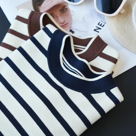 经典条纹！2025新款100棉亲肤超细棉圆领短袖T恤女上衣25春夏新款女！ 商品图0
