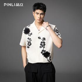 PINLI品立夏季新款国潮印花短袖衬衫男士休闲贴布绣宽松衬衣B252113059