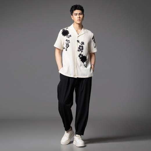 PINLI品立夏季新款国潮印花短袖衬衫男士休闲贴布绣宽松衬衣B252113059 商品图4