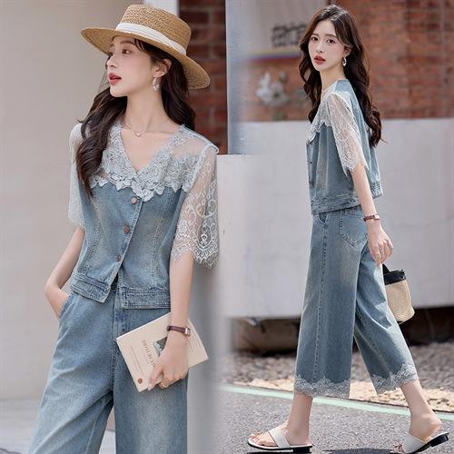 2025夏季新款牛仔蕾丝拼接两件套温柔淑休闲套装HR-YLFS8992 商品图1