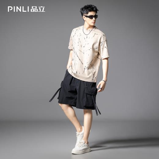 PINLI品立2025夏季新款宽松短袖T恤裂纹肌理烧花扎染印花男士上衣B252111065 商品图1