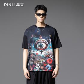 PINLI品立2025夏季新款国潮满印宽松短袖T恤美式男士休闲体恤上衣B252111081