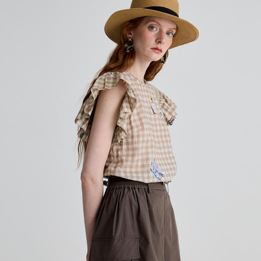 谜底衬衫荷叶袖女2025夏新品复古风通勤合身H型中长上衣252MS0627 商品图1