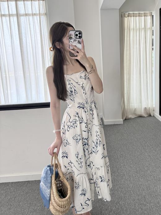 巴黎漫步｜沐光蓝卉 法式印花方领吊带连衣裙 天丝&苎麻混纺面料 米杏色 商品图2