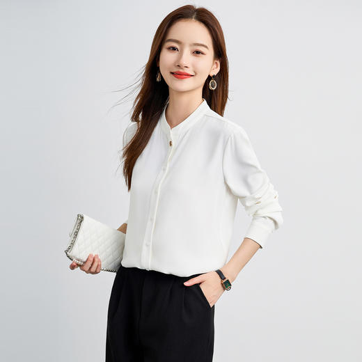罗蒙春夏长袖衬衫女士时髦休闲圆领衬衣女通勤百搭白衬衣上衣 商品图6