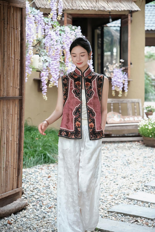 盛唐牡丹 |真丝提花阔腿裤珍珠白平腰版 (蝶恋花纹样） 商品图0