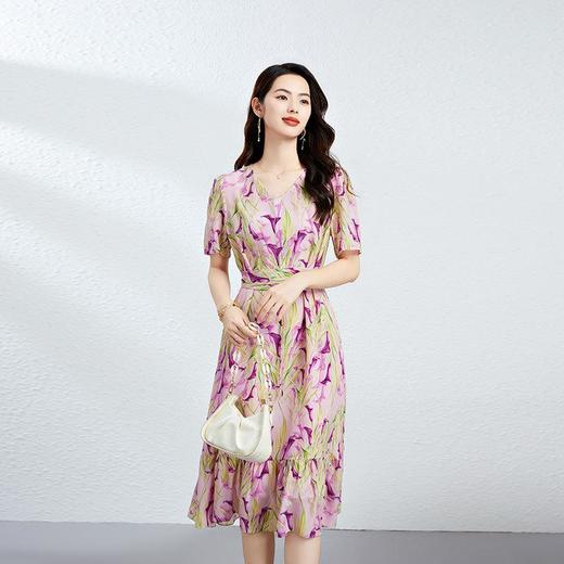 「高货kbnq」全新升级【铂金会员487/天猫659/差价172】(12020)洛诗琳法式真丝印花连衣裙2025夏季V领高腰系带显瘦裙子kbnq12020 商品图2