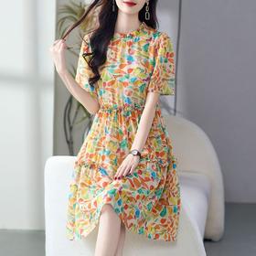 WWM-真丝裙子高级感69510 小个子木耳边裙子女夏桑蚕丝碎花印花连衣裙