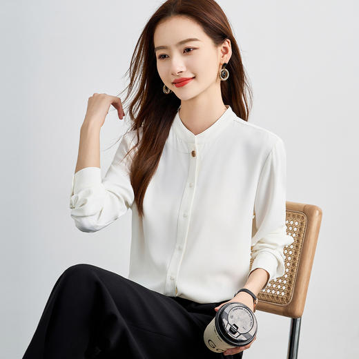 罗蒙春夏长袖衬衫女士时髦休闲圆领衬衣女通勤百搭白衬衣上衣 商品图3
