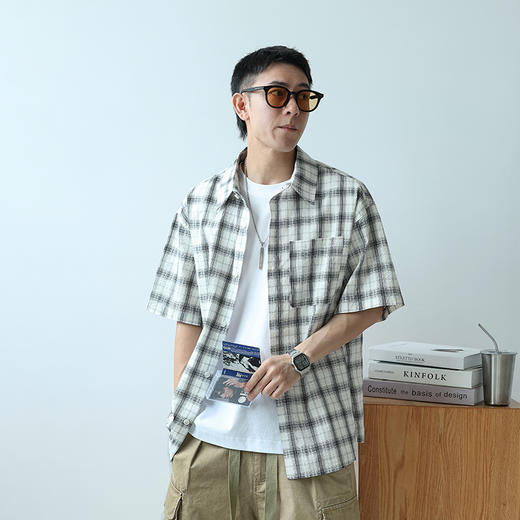 徐太浪日系复古拼色格子短袖衬衫男夏季宽松休闲纯棉半袖衬衣外套 商品图3