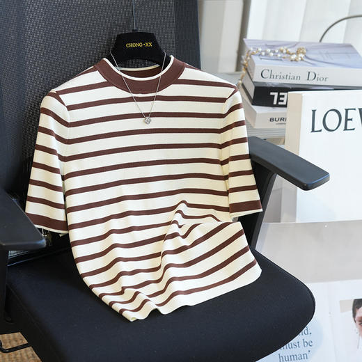 经典条纹！2025新款100棉亲肤超细棉圆领短袖T恤女上衣25春夏新款女！ 商品图3