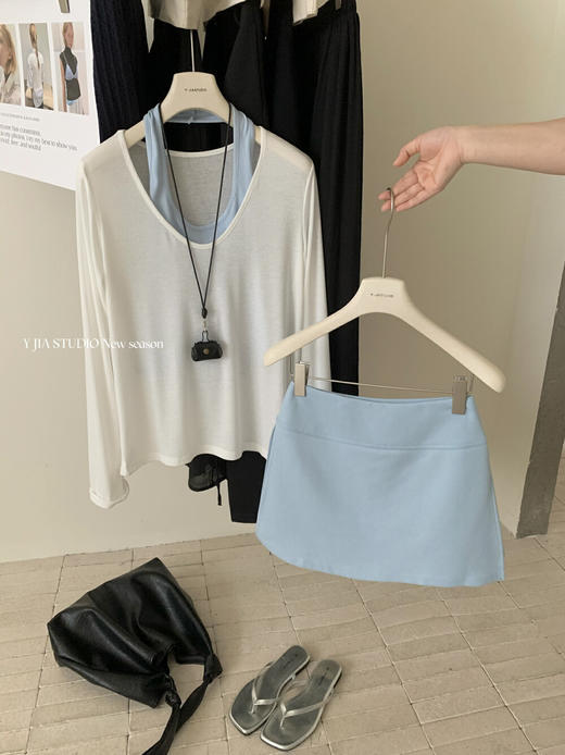 【GZ】无忧购纯欲宽松百搭防晒罩衫T恤+辣妹挂脖露背背心+设计感假两裤裙套装6881#（截单后3-5天发货) 商品图6