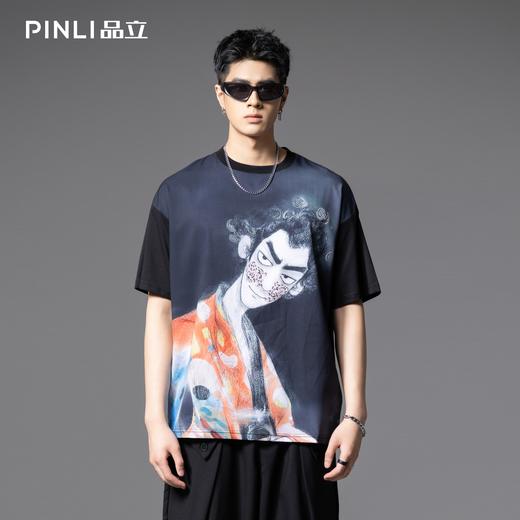 PINLI品立2025夏季新款男士人物印花宽松短袖T恤潮牌高街休闲上衣B252111082 商品图0