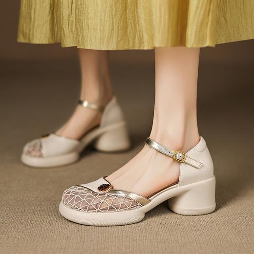 【预售5天】轻软舒适！仙女风透气网纱粗跟包头凉鞋女新款真皮百搭厚底高跟鞋ZYY&A1228 商品图4