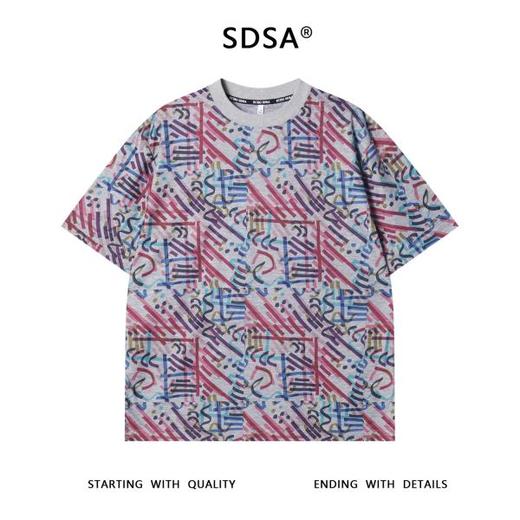 T3551夏季高级感新款男士多彩涂鸦线条设计短袖T恤小众百搭圆领上衣 商品图1