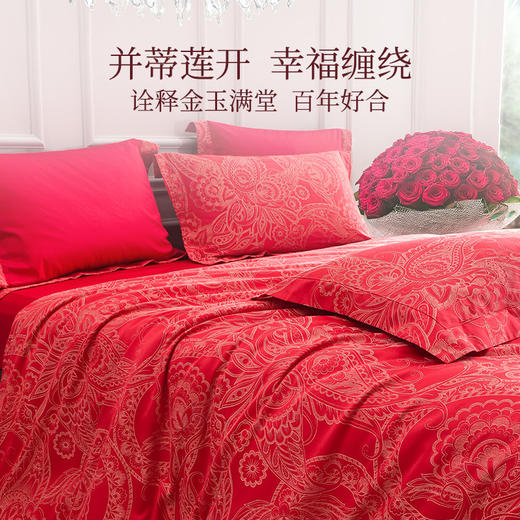 2025年春季新款雅芳婷精梳棉婚庆五件套床笠款新中式刺绣被套套件 商品图3