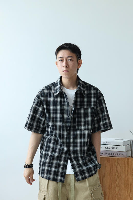 徐太浪日系复古拼色格子短袖衬衫男夏季宽松休闲纯棉半袖衬衣外套 商品图4