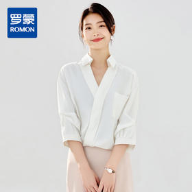 罗蒙夏季七分袖衬衫女士休闲百搭时尚V领前胸口袋设计感短袖衬衣女上衣