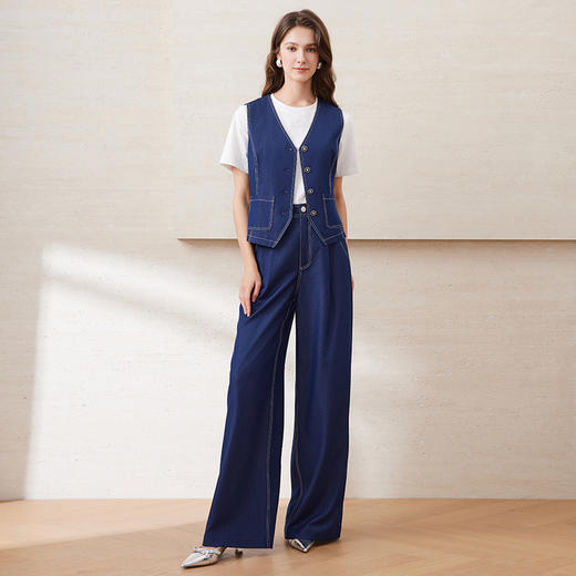 EITIE爱特爱时尚复古撞色走线高腰利落阔腿牛仔裤2025夏季新款B2505606A 商品图3