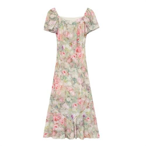 2025新款泡泡袖碎花连衣裙法式方领度假荷叶边鱼尾长裙HR-AIMI8269 商品图4