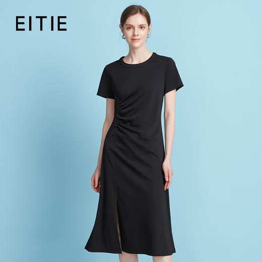 EITIE爱特爱夏季时尚纯色气质捏褶收腰显瘦法式优雅连衣裙7807578 商品图0