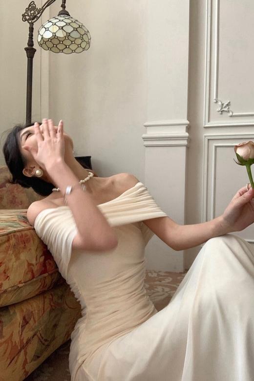 ELLA JADE 米色气质优雅一字肩连衣裙 20219 商品图1