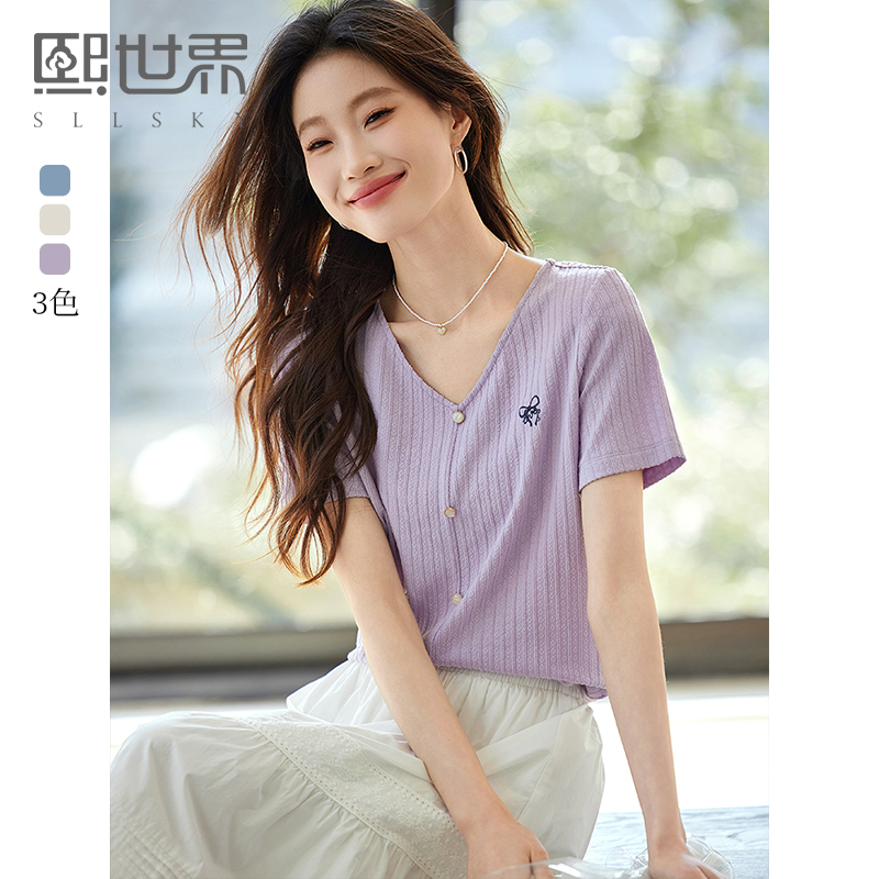【周四狂欢价】熙世界甜美风蝴蝶结刺绣短袖T恤女2025夏季新款设计感V领正肩上衣