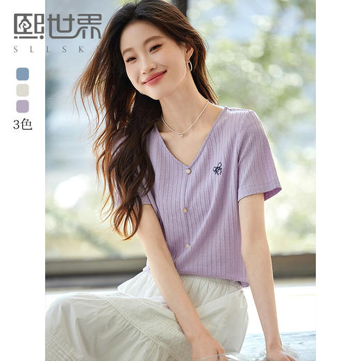 【周四狂欢价】熙世界甜美风蝴蝶结刺绣短袖T恤女2025夏季新款设计感V领正肩上衣 商品图0