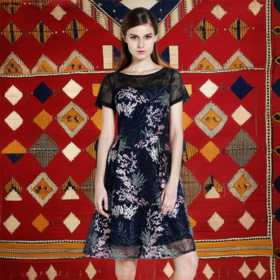 【伯妮斯茵】圆领网格绣花蕾丝连衣裙--安肯织物--《太阳之子--印加》2S6541