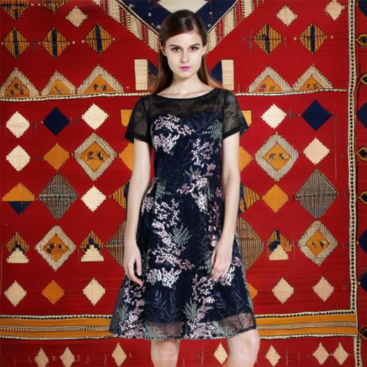 【伯妮斯茵】圆领网格绣花蕾丝连衣裙--安肯织物--《太阳之子--印加》2S6541 商品图0