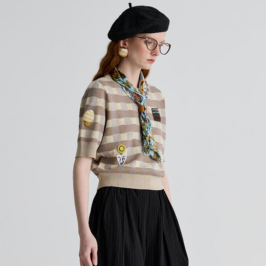 谜底针织衫短袖女2025夏季新品复古文艺宽松T型短毛衣252MZ0867 商品图1