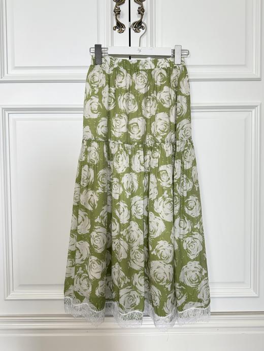 随身携带我的风景｜绿野玫瑰印花 全腰松紧半身裙 裙摆蕾丝点缀 天丝面料 清新浅绿 商品图2
