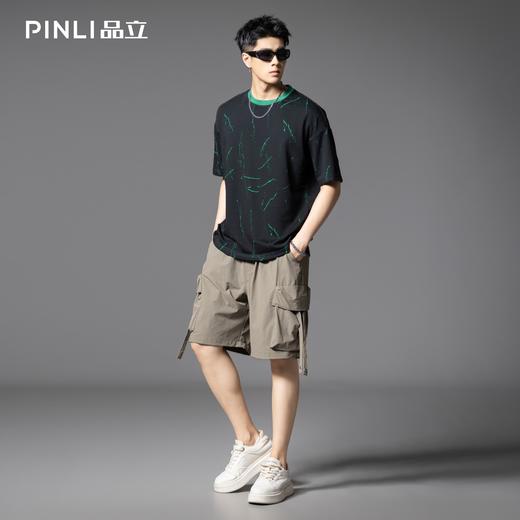 PINLI品立2025夏季新款潮流破洞短袖圆领T恤男士宽松休闲撞色上衣B252111084 商品图1