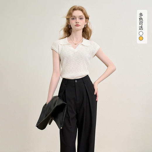 西遇薄款无袖针织衫女夏季新款显瘦翻领小飞袖短款T恤上衣K0050997 商品图0