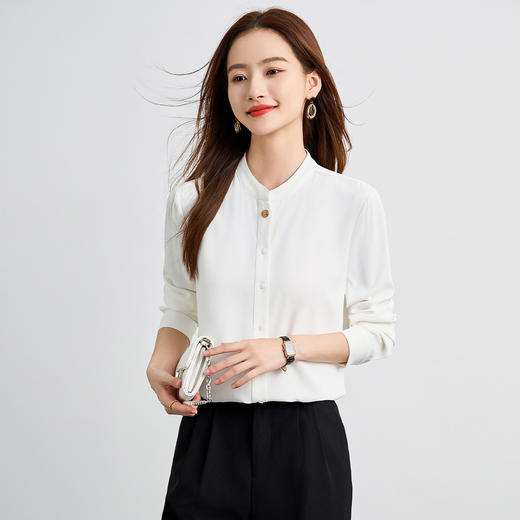 罗蒙春夏长袖衬衫女士时髦休闲圆领衬衣女通勤百搭白衬衣上衣 商品图7