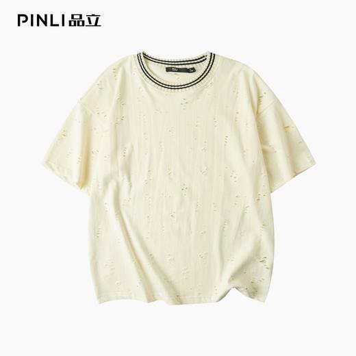 PINLI品立2025夏季新款潮流破洞短袖圆领T恤男士宽松休闲半袖上衣B252111067 商品图3