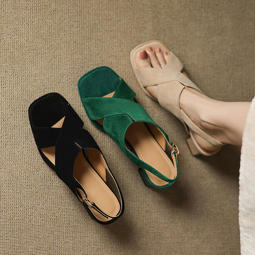 【预售5天】6cm~羊翻皮厚底气质百搭凉鞋新款夏季绿色露趾粗跟高跟鞋女ZYY&A1220 商品图3