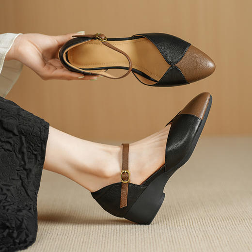 【预售5天】巨好搭~复古软羊皮坡跟包头凉鞋女夏季新款尖头拼色中空单鞋DTN&527-6 商品图2