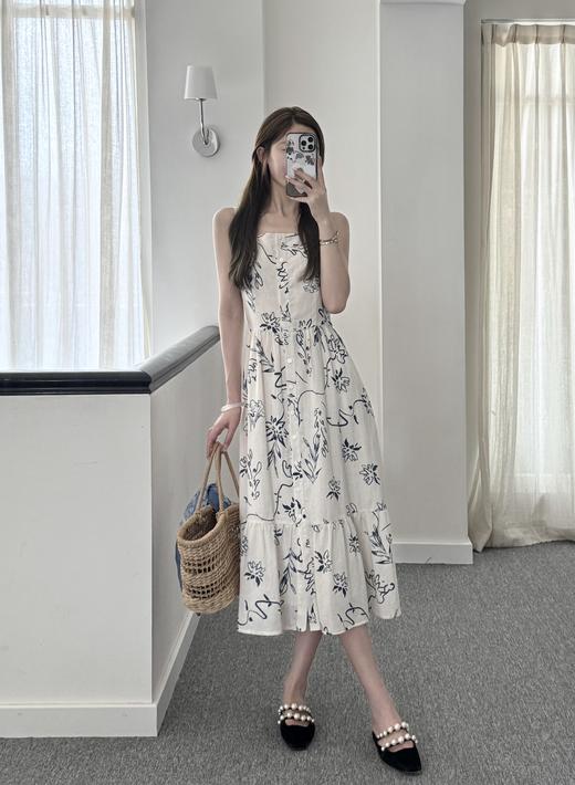 巴黎漫步｜沐光蓝卉 法式印花方领吊带连衣裙 天丝&苎麻混纺面料 米杏色 商品图1