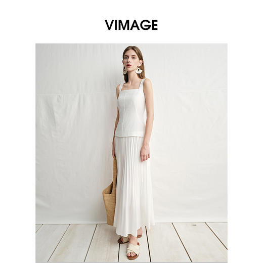 VIMAGE纬漫纪南法温柔拼接压褶裙摆白色吊带连衣裙2025夏季新款V2307917 商品图1