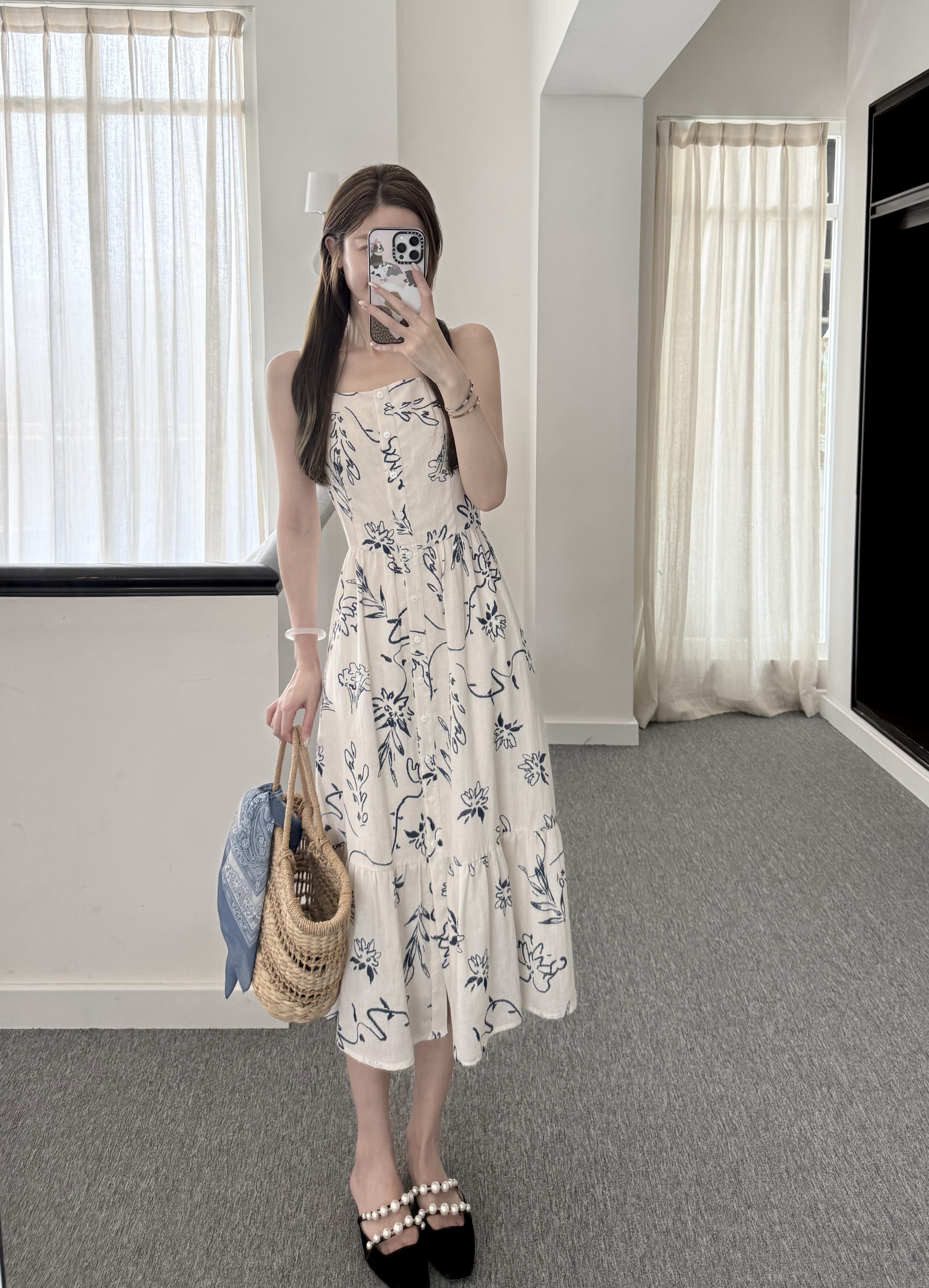 巴黎漫步｜沐光蓝卉 法式印花方领吊带连衣裙 天丝&苎麻混纺面料 米杏色