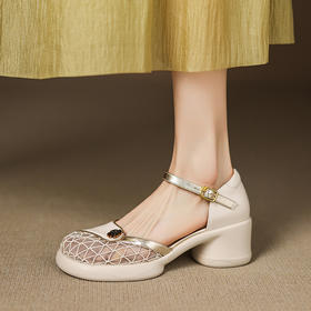 【预售5天】轻软舒适！仙女风透气网纱粗跟包头凉鞋女新款真皮百搭厚底高跟鞋ZYY&A1228