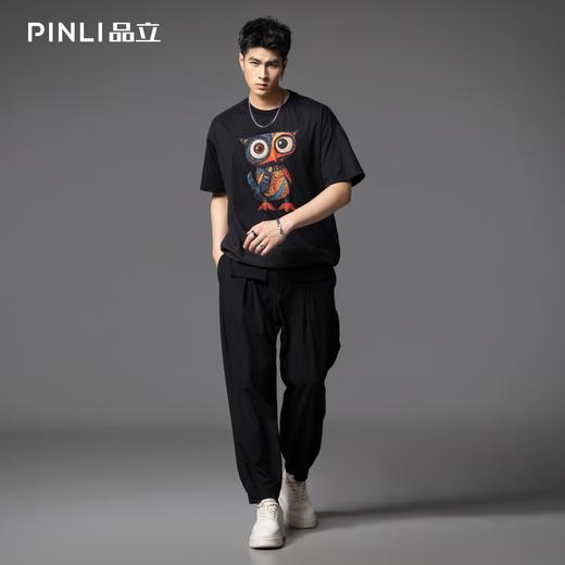 PINLI品立2025夏季新款潮牌宽松短袖T恤男士印花拼料休闲上衣体恤B252111079 商品图1