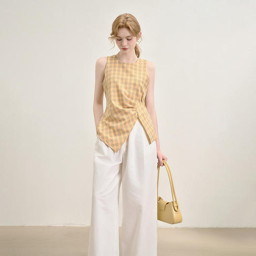 【奶油多巴胺】复古蓝黄格纹衬衫女夏季不规则设计感衬衣V0050802 商品图3