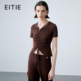 EITIE爱特爱夏季新款设计感抽绳收腰显瘦V领短款上衣T恤7802504
