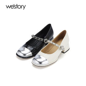 westory春季新款休闲小低跟金属头系带玛丽珍皮鞋W24AE56921