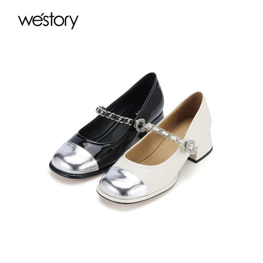 westory春季新款休闲小低跟金属头系带玛丽珍皮鞋W24AE56921 商品图0