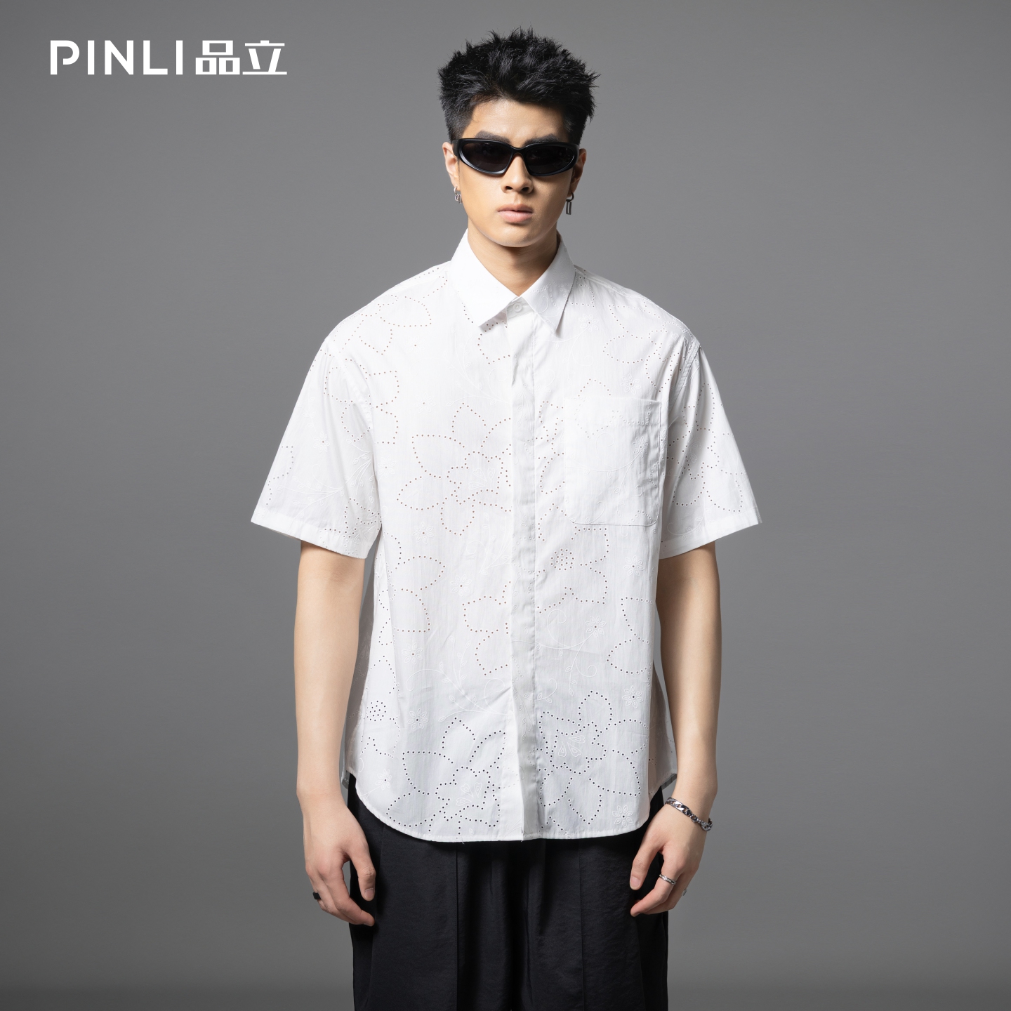 PINLI品立2025夏季新款潮牌镂空绣花短袖衬衫男宽松休闲百搭衬衣GD252113376