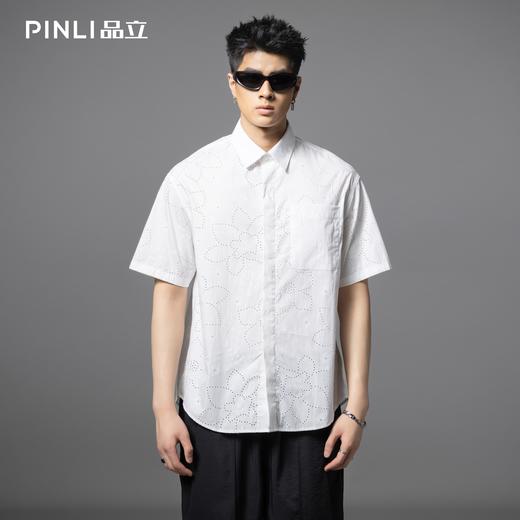 PINLI品立2025夏季新款潮牌镂空绣花短袖衬衫男宽松休闲百搭衬衣GD252113376 商品图0
